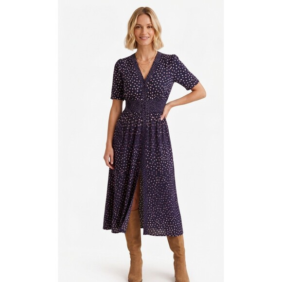 Boden Dresses & Skirts - Boden Natalia Jersey Tea Midi Dress Womens Size 2 Navy Pink Polka Dot Pockets